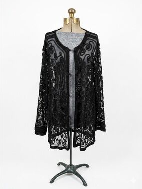 Black Lace Overlay Jacket - Women's Sheer Embroidered Coat no size xl/2x